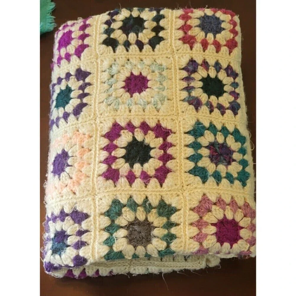 Granny Square Crochet Multicolor Cream Vintage Afghan Blanket